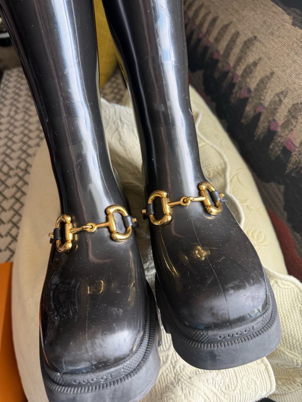 Gucci Black Glossy Tall Rain Boots with Gold Horsebit - Picture 9 of 9